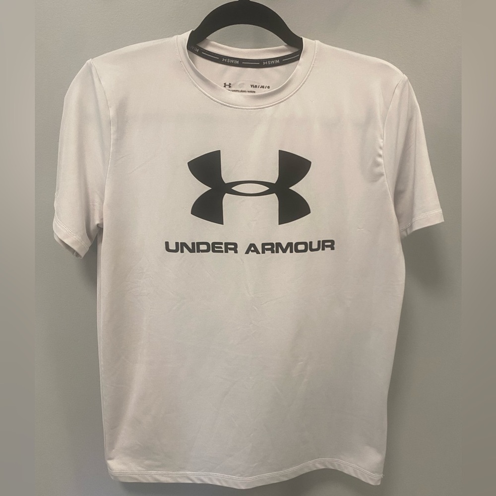 Under Armour, white, boys heat gear t shirt, size youth large